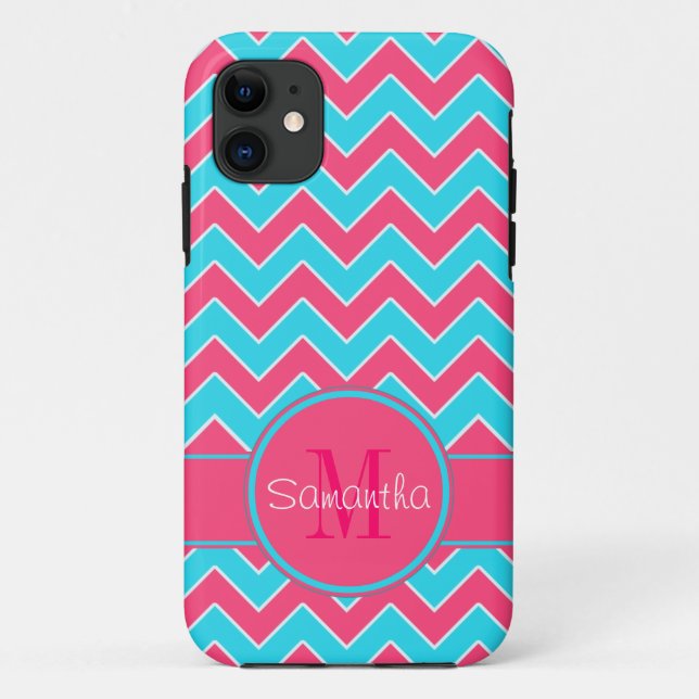 Aqua & Pink Chevron Pattern Custom Monogram Case-Mate iPhone Case (Back)
