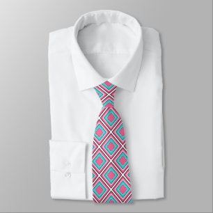 Aqua Pink Coral Diamond Geometric Pattern Tie