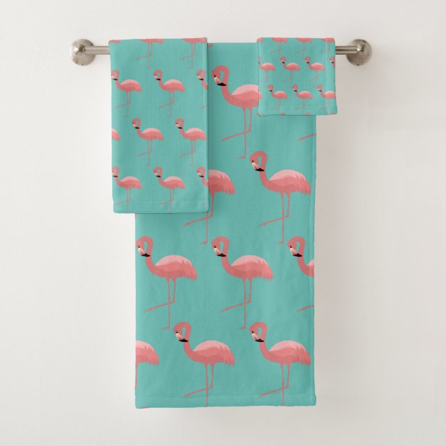 AQUA PINK FLAMINGO PATTERN BATHROOM TOWEL SET (Insitu)
