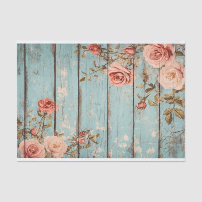Aqua Pink Flower Wood Plank Decoupage Paper (Front)