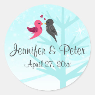 Aqua, Pink, Grey Lovebirds Wedding Favour Sticker