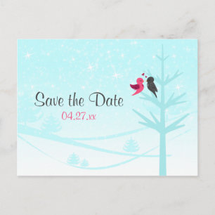 Aqua, Pink, Grey Lovebirds Wedding Save the Date Announcement Postcard