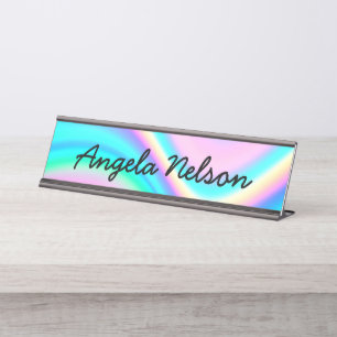 Aqua Pink Iridescent Rainbow Wave Desk Name Plate