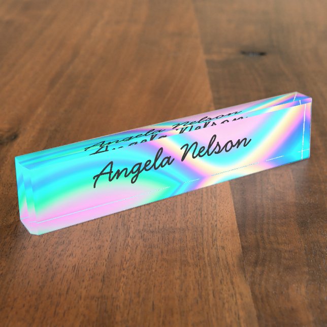 Aqua Pink Iridescent Rainbow Wave Nameplate (Side)