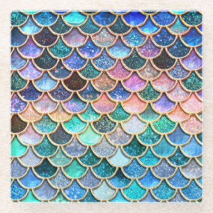 Aqua Pink Mermaid Glitter Scales- Mermaid Scales Glass Coaster