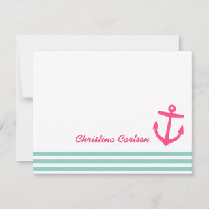Aqua & Pink Nautical Stripes & Anchor Stationery Note Card