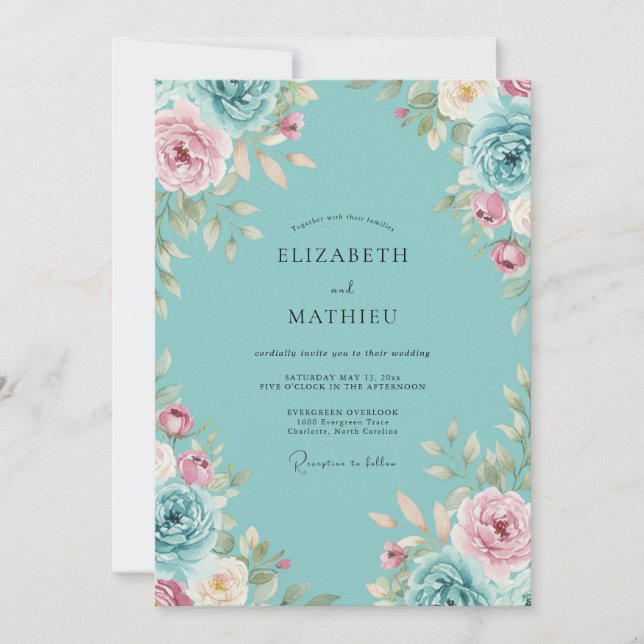Aqua Pink Peony Wedding Invitation (Front)