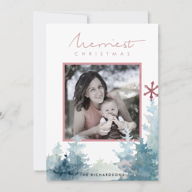 AQUA PINK PINE TREE SNOW OVERLAY PHOTO CHRISTMAS HOLIDAY CARD (Front)
