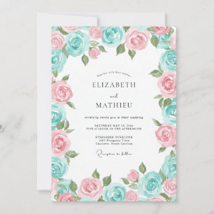 Aqua Pink Radiant Rose Wedding Invitation