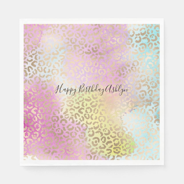 Aqua Pink Yellow Gold Leopard Print Watercolor Napkin (Front)
