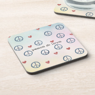 Aqua Pink Yellow Tie Dye Peace Sign with Hearts Coaster