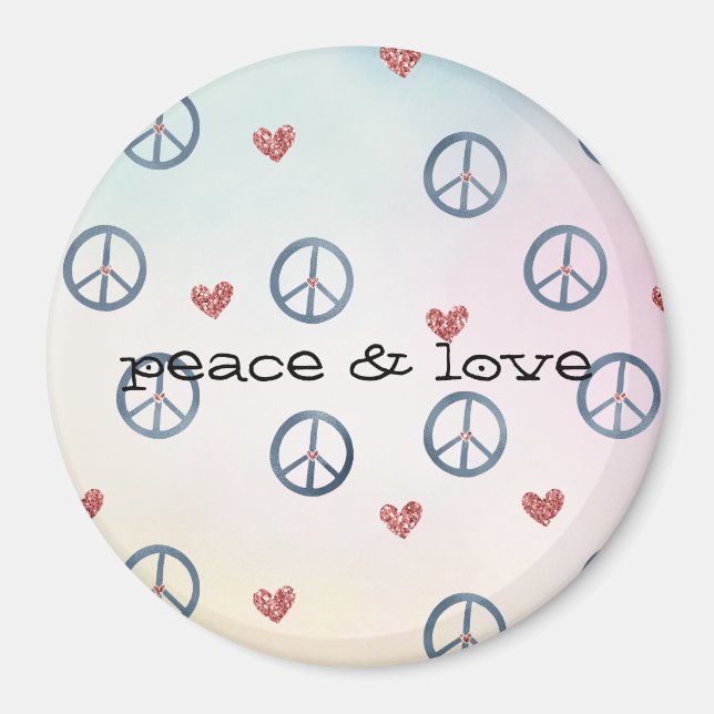 Aqua Pink Yellow Tie Dye Peace Sign with Hearts Magnet (Front)