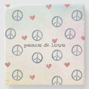 Aqua Pink Yellow Tie Dye Peace Sign with Hearts Stone Coaster