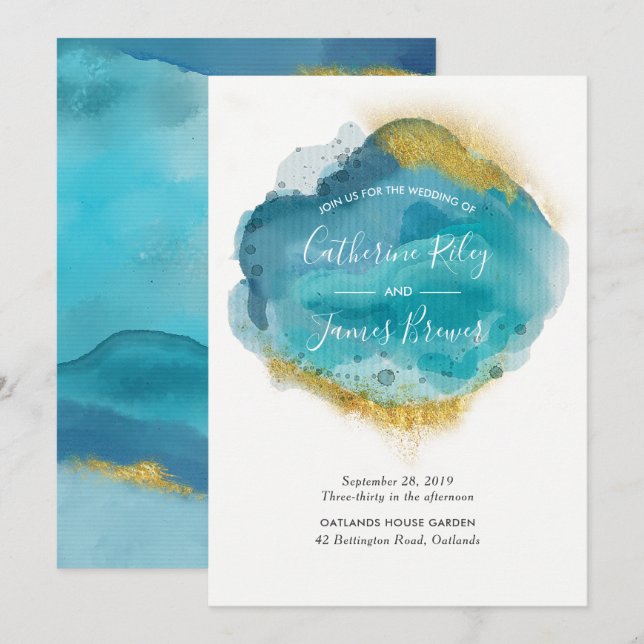 Aqua Plage Bleue & Or Invitation au mariage (Devant / Derrière)