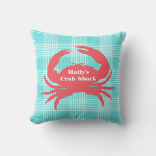 Aqua Plaid and Coral Crab Outdoor Pillow