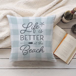 Aqua Plaid Life Is Better At the Beach Throw Pillow