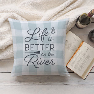 Aqua Plaid Life Is Better On The River Throw Pillow