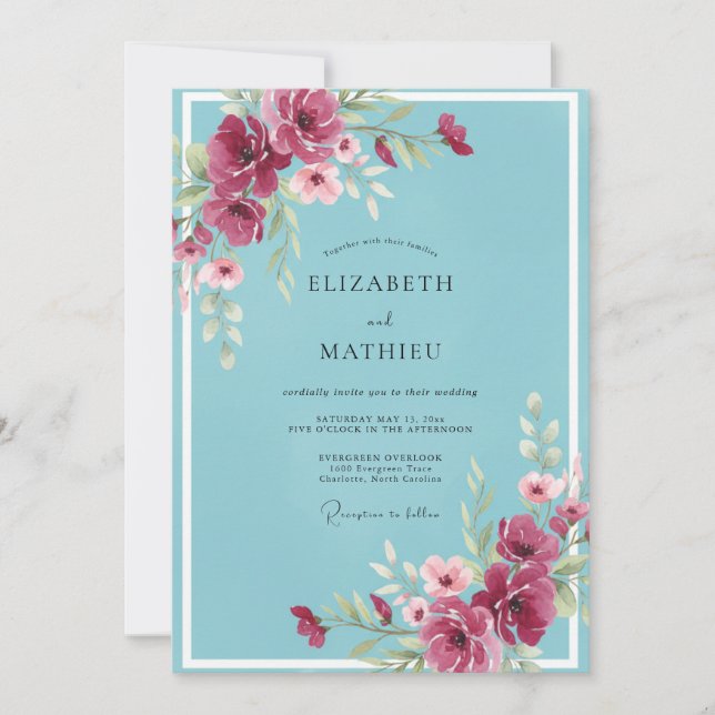 Aqua Plum Petal Wedding Invitation (Front)