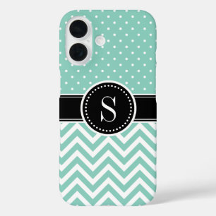 Aqua Polka Dot and Chevron Monogram iPhone 16 Case