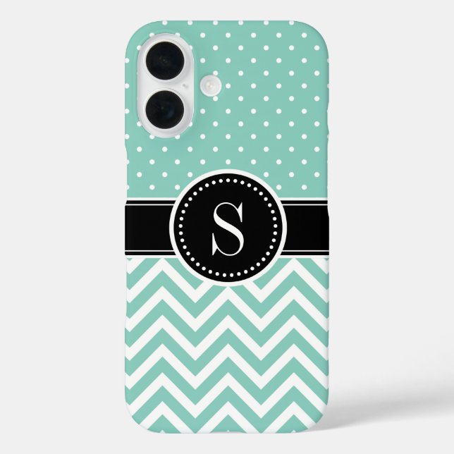 Aqua Polka Dot and Chevron Monogram Case-Mate iPhone Case (Back)