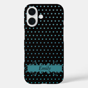 Aqua Polka Dots With Name iPhone 16 Case