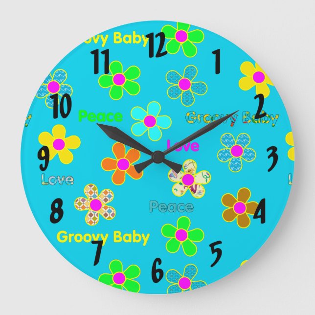 Aqua Psychedelic 60s Groovy Flowers Pattern Large Clock (Front)