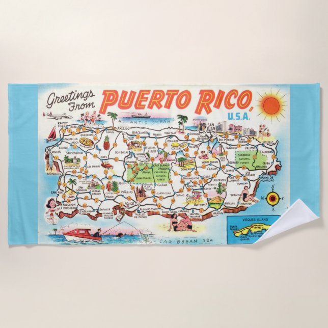 Aqua Puerto Rico Greetings Beach Towel (Front)