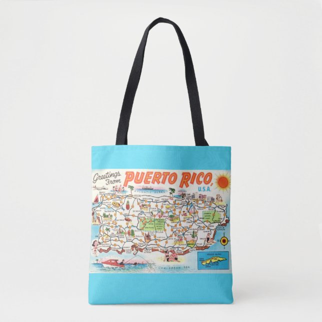 Aqua Puerto Rico Map Shoulder Tote (Front)