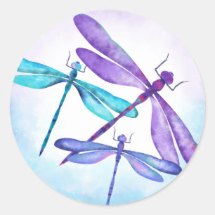 Aqua, Purple, Blue Dragonflies Party Favour Sticke Classic Round Sticker