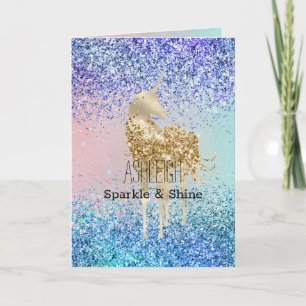 Aqua Purple Glitter Sparkle Gold Unicorn Card