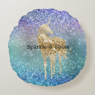 Aqua Purple Glitter Sparkle Gold Unicorn Round Pillow