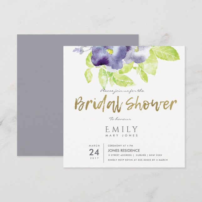 AQUA PURPLE INK WATERCOLOUR FLORAL BRIDAL SHOWER INVITATION (Front/Back)