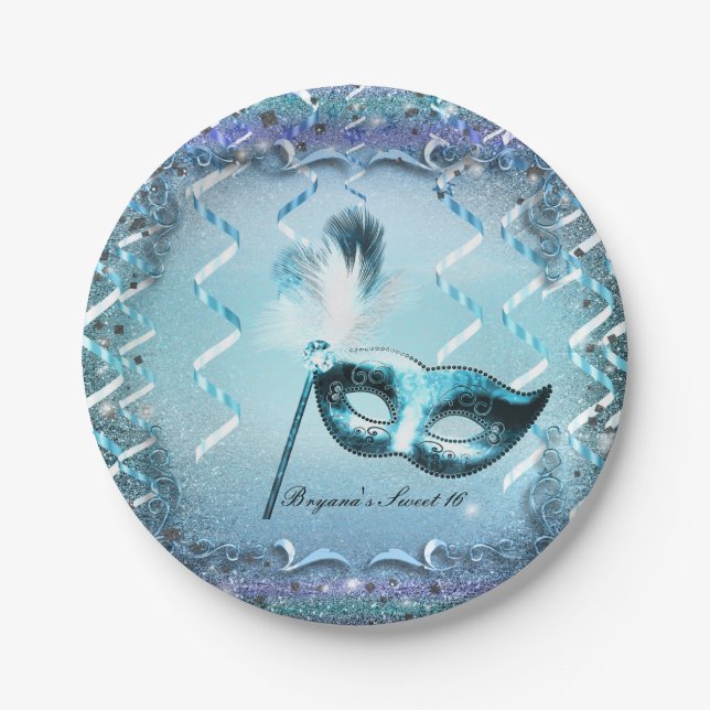 Aqua & Purple Masquerade Mask Elegant Ball Party Paper Plate (Front)