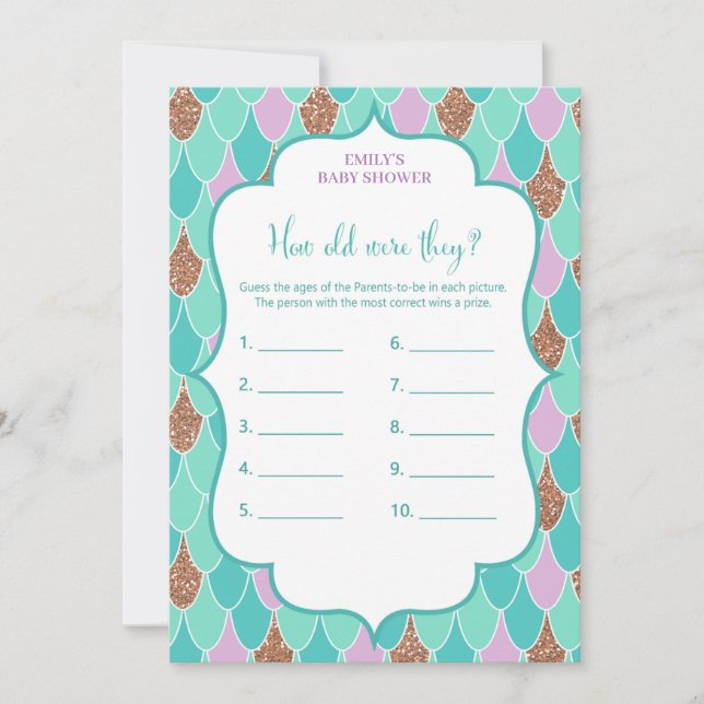 Aqua Purple Mermaid Baby Shower Game Invitation (Front)