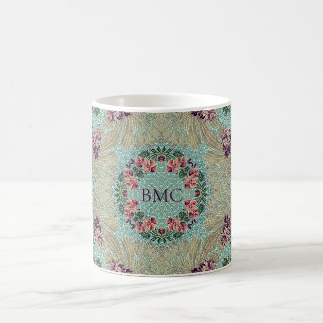 Aqua Purple Pink Floral Faux Lampas Brocade Coffee Mug (Center)