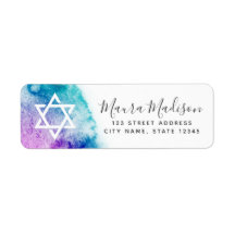 Aqua purple watercolor bat mitzvah return address