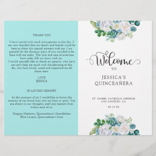 Aqua Quinceanera Program, Aqua and White Floral