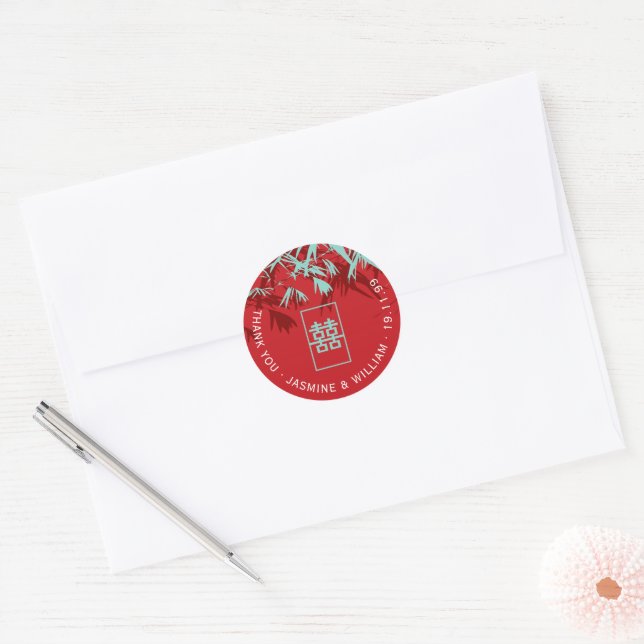 Aqua & Red Bamboo Leaves Shuang Xi Chinese Wedding Classic Round Sticker (Envelope)