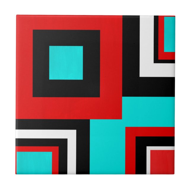 Aqua Red Black White Geometric Block Tile (Front)