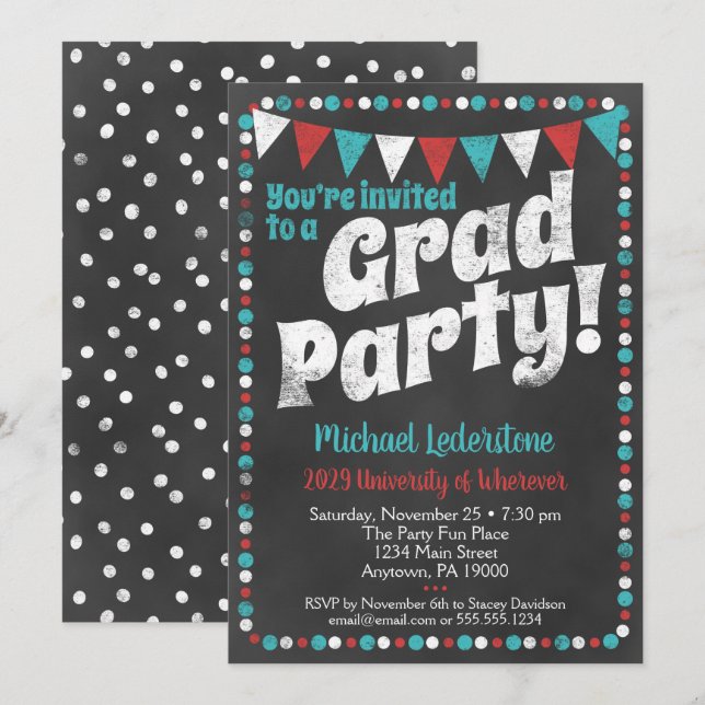 Aqua Red Chalkboard Graduation Party Invitation (Front/Back)