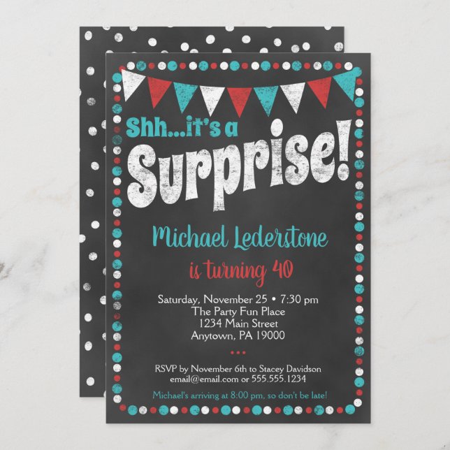 Aqua Red Chalkboard Invitation surprise (Devant / Derrière)