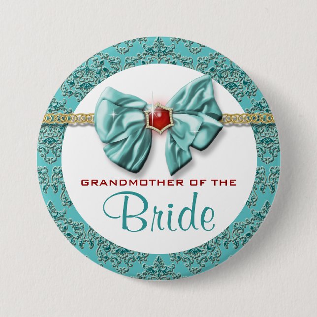 Aqua red gold damask "bridal buttons" 3 inch round button (Front)