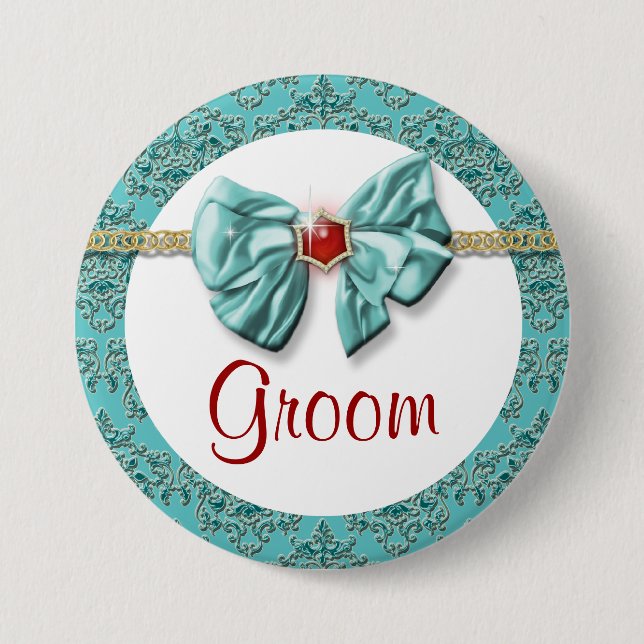 Aqua red gold damask "bridal buttons" 3 inch round button (Front)