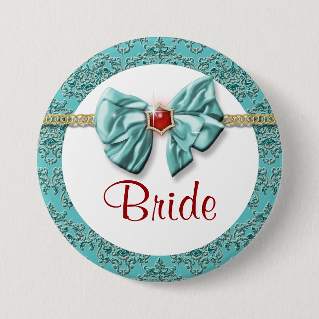 Aqua red gold damask "bridal buttons" 3 inch round button (Front)