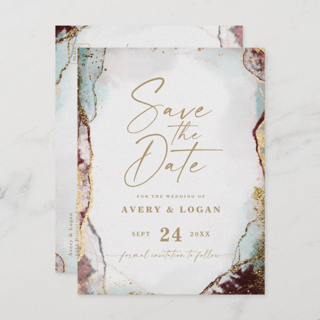 Aqua Red & Gold Winter Wedding Save The Date Announcement Postcard (Front/Back)