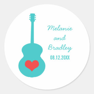 Aqua/Red Guitar Heart Wedding Stickers