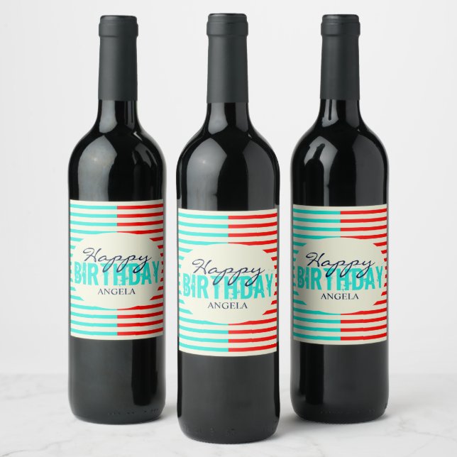 Aqua & Red Happy Birthday Wine Label (Bottles)