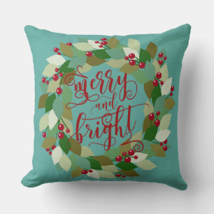 Aqua & Red Merry & Bright Holiday Wreath Throw Pillow