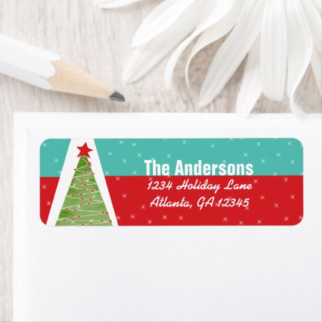 Aqua Red Retro Green Christmas Tree Return Address (Insitu)