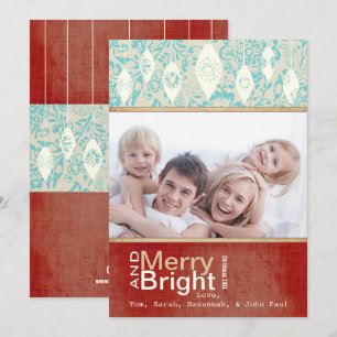 Aqua Red Retro Merry and Bright Family Photo Card